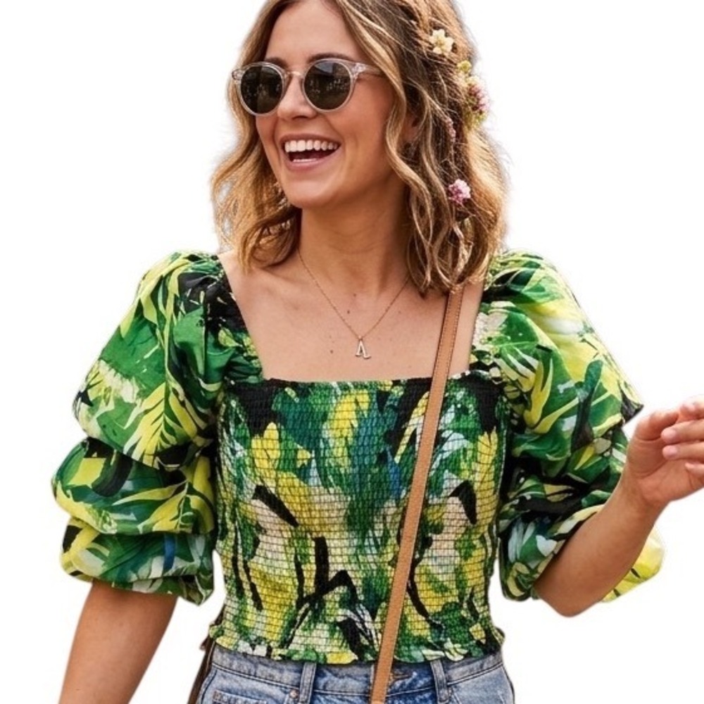 Live 4 Truth Green Tropical Palm Print Smocked Tiered Puff Sleeve Crop Top S